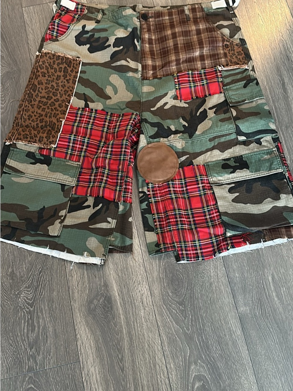 Bravest Studios Camo Patchwork Cargo Shorts with Red Tartan & Brown Accents